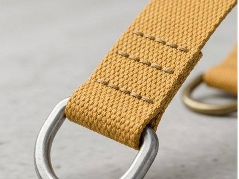 Tape sewn to a metal D-ring with a box stitch